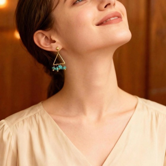 Geometric Triangle Dangle Earrings | Turquoise Modern Zen Jewelry | Gold-Toned Copper | Gift for Her, Mom