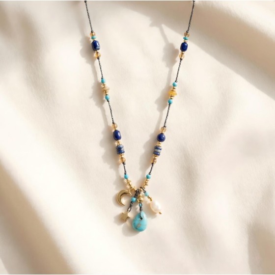 Vintage Ethnic Turquoise Lapis Lazuli Celestial Moon Star Necklace Antique Gold Light Luxury Her