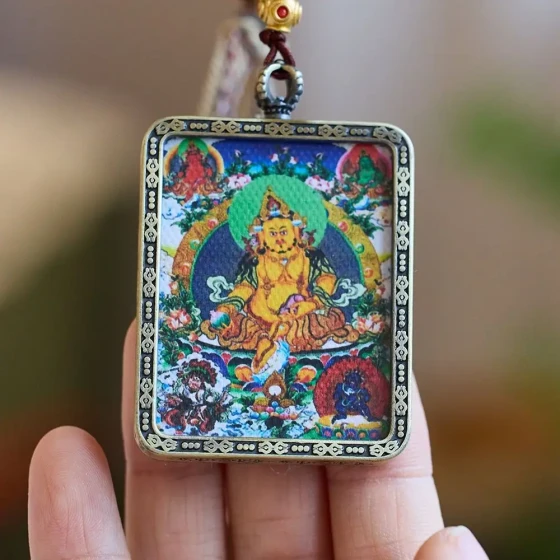 KyLin Aura Tibetan Hand-Painted Thangka Five Gods of Wealth Necklace (Ghau Box)