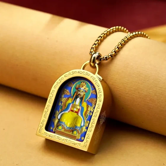 KyLin Aura Tibetan Titanium Steel 3D Thangka Zakiram & Yellow Jambhala Hand-Painted Pendant Necklace