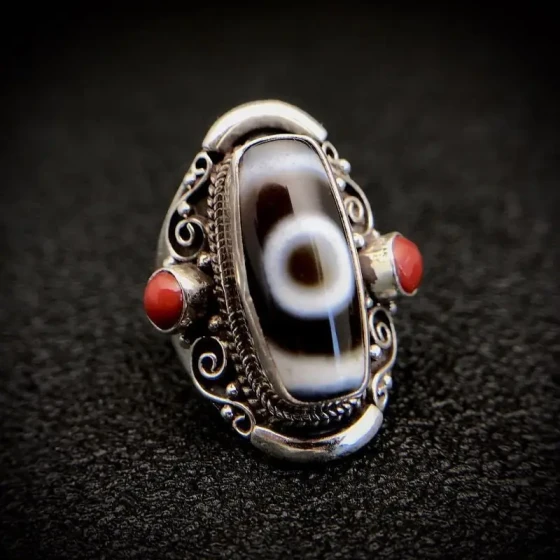 KyLin Aura Tibetan Dzi Bead Adjustable Sterling Silver Ring