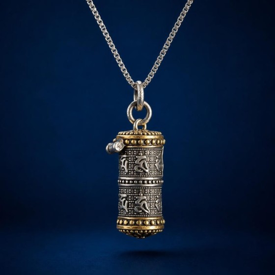 Openable Prayer Box Necklace, Aged Gold Cylinder Amulet Pendant for Meditation Travel Gift