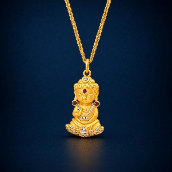 Amitabha Buddha Necklace, Baby Buddha Pendant, Gold Plated Spiritual Gift for Him