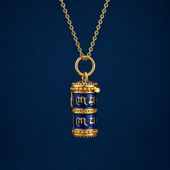 Blue Meditation Necklace, Openable Prayer Box Locket, Hollow Cylinder Pendant Yoga Gift for Her