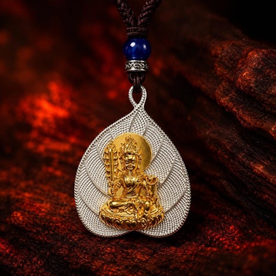 Bodhi Leaf Necklace, Acala Fudo Myoo Pendant, Gold Silver Protection Talisman, Spiritual Jewelry Gift
