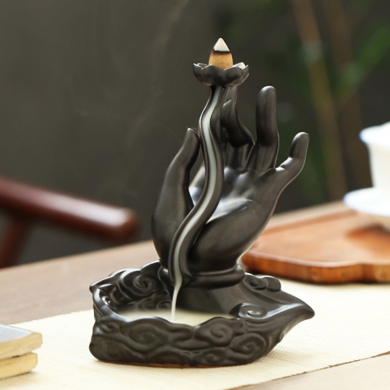 KyLin Aura Buddha Hand Holding Lotus Ceramic Backflow Incense Burner