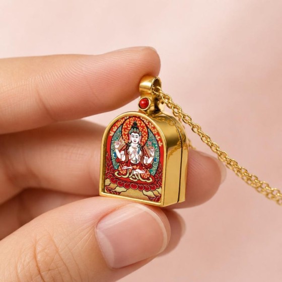 Chenrezig Prayer Box Necklace, Openable Tibetan Titanium Pendant, Compassion Meditation Gift