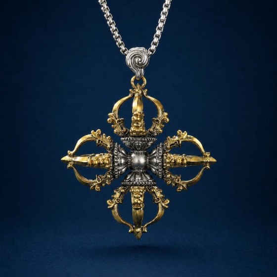 Crossed Vajra Pendant Tibetan Amulet Necklace Ritual Talisman Spiritual Gift for Men Statement Jewelry