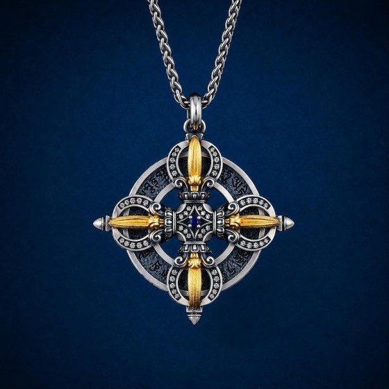 Double Vajra Statement Necklace, Silver and Gold Tone Medallion Pendant, Unisex Buddhist Jewelry