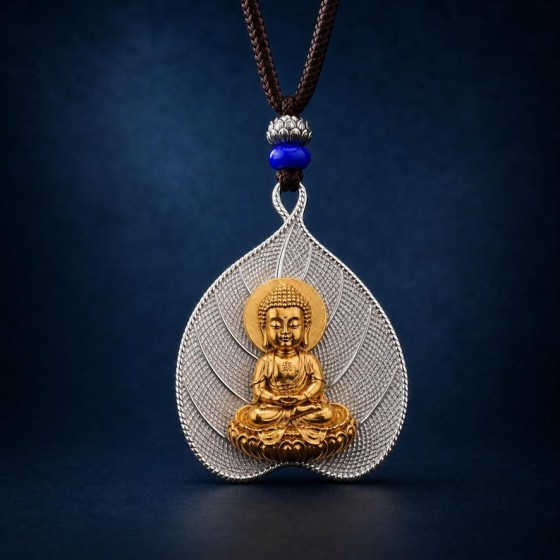Gold Amitabha Buddha Bodhi Leaf Pendant, Tibetan Buddhist Amulet Necklace