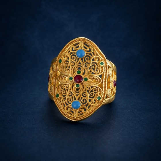 Gold Filigree Mandala Statement Ring, Adjustable Boho Cocktail Ring, Tibetan Inspired Colorful Jewelry