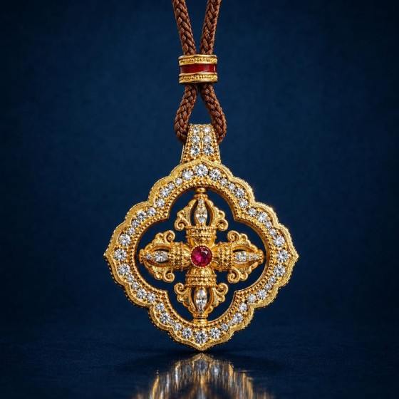 Gold Tone Crossed Vajra Necklace, Rotating Red and Clear Stone Pendant, Buddhist Symbol Jewelry