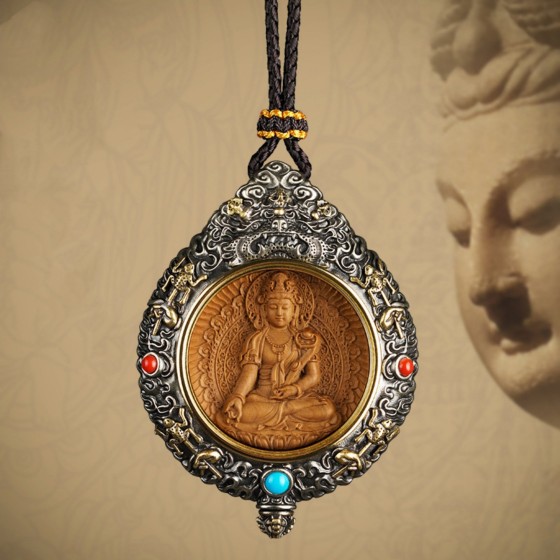 KyLin Aura Hand-Carved White Brass and Tibetan Silver Buddha Pendant Necklace with Sandalwood