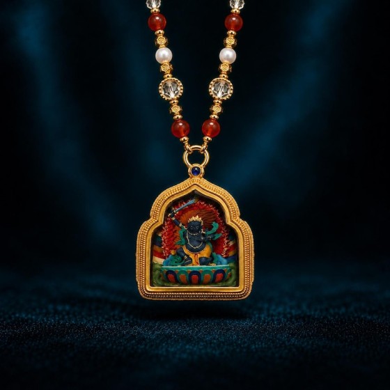 Hand Painted Acala Necklace, 3D Buddhist Guardian Pendant, Travel Protection Gift