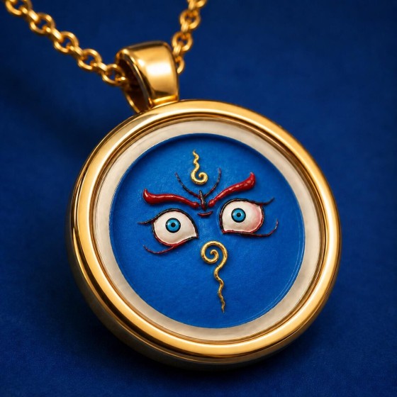 Hand Painted Blue Eye Necklace, Miniature Art Pendant, Gold Tone Focus Gift