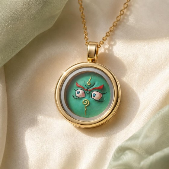 Hand Painted Green Eye Necklace, Miniature Art Pendant, Gold Tone New Beginning Gift