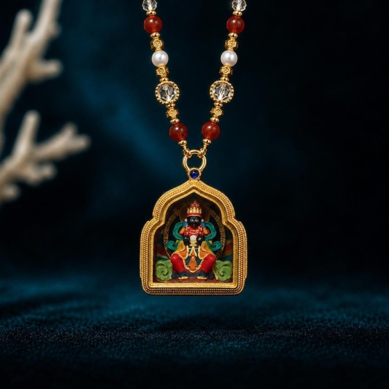 Hand Painted Tibetan Shrine Necklace, Gold Buddhist Prayer Box Pendant, Spiritual Gift
