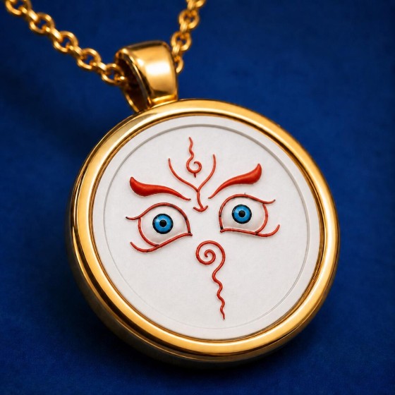 Hand Painted White Eye Necklace, Miniature Art Pendant, Gold Tone Minimalist Gift