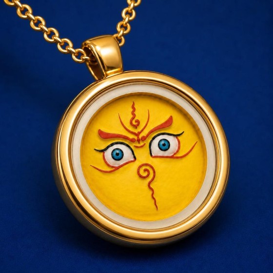 Hand Painted Yellow Eye Necklace, Miniature Art Pendant, Gold Tone Confidence Gift