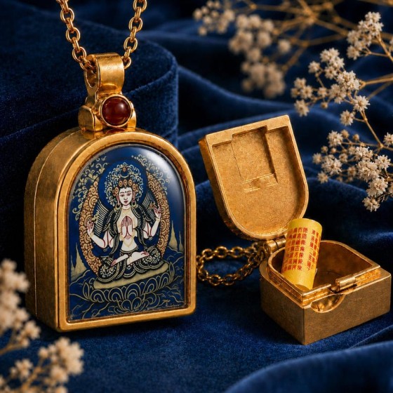 Miniature Art Locket Necklace, Blue Figure Pendant, Kindness Keepsake Gift