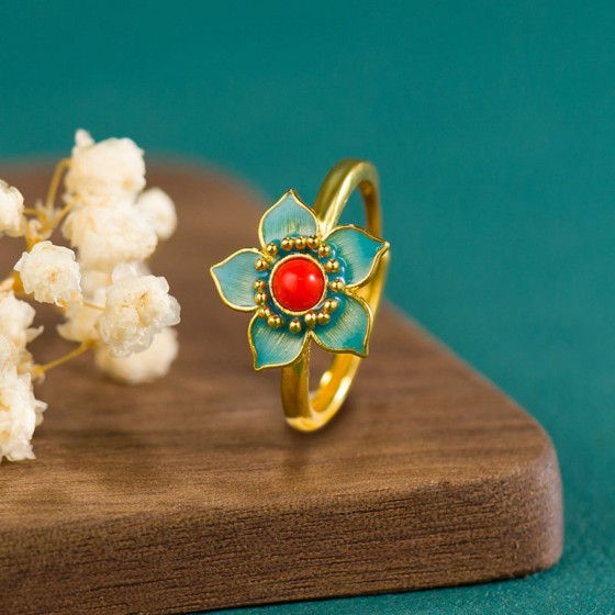 KyLin Aura Adjustable Gold-Plated Silver Hanfu Ring with Enamel Inlay