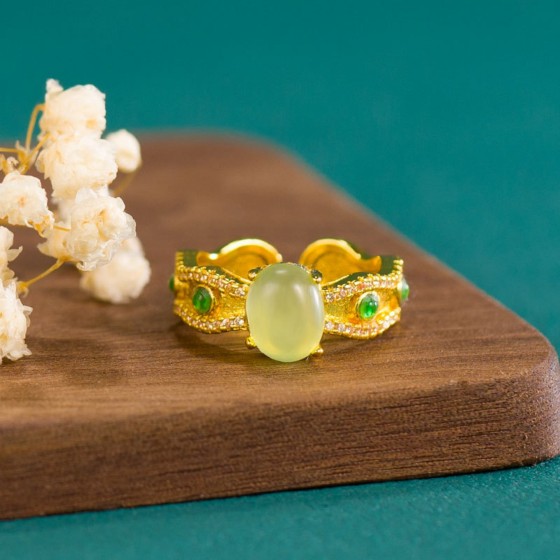 KyLin Aura Adjustable Vintage Gold Inlaid Jade Ring