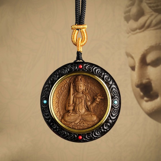 KyLin Aura Hand-Carved Sandalwood Guardian Buddha Pendant Necklace