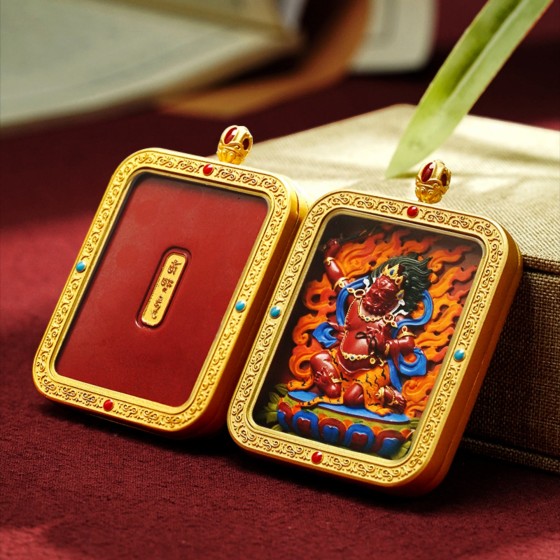 KyLin Aura Hand-Painted Thangka Red Sand Brass Pendant Necklace (Ga Wu Box)