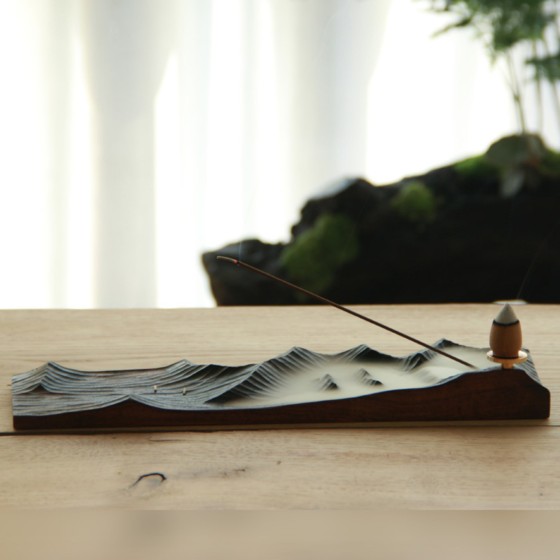 KyLin Aura Solid Wood Hand-Carved Cloud Waterfall Incense Holder