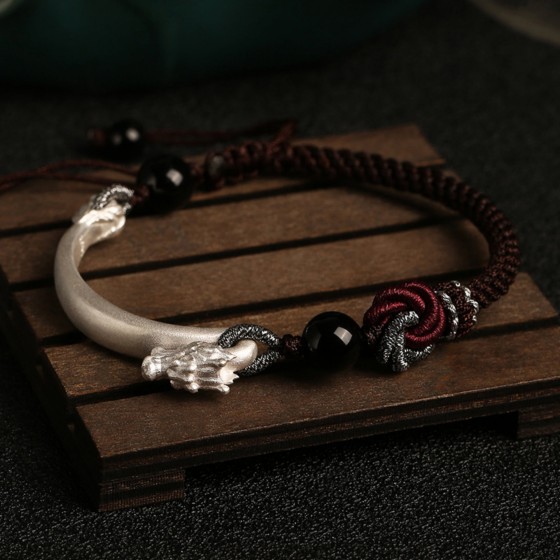 Mystic Guardian Eastern Dragon Cotton & Silver Wrap Bracelet