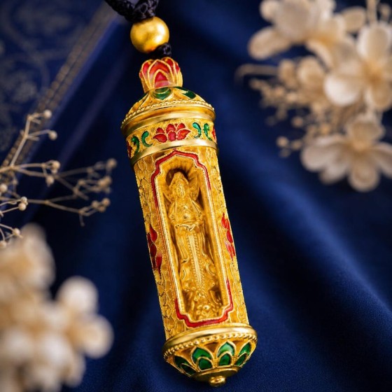 Openable Kuan Yin Pendant Necklace, Rotating Brass Prayer Box Locket, Enamel Meditation Amulet Jewelry
