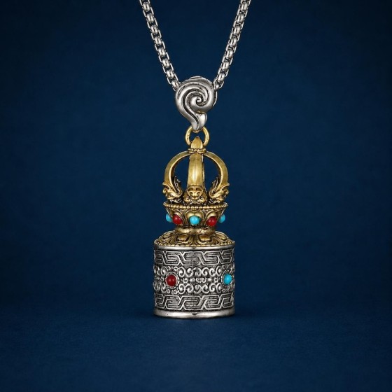 Round Scorpion Seal Necklace, Five Prong Vajra Stamp Pendant, Tibetan Ritual Talisman for Men
