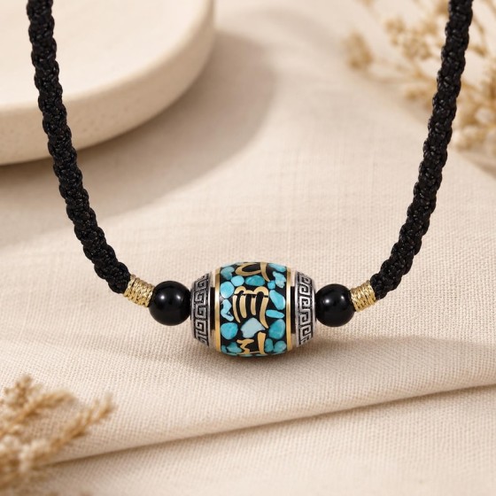 Spinner Bead Necklace, Turquoise Mantra Choker, Vintage Dzi Style Spiritual Necklace, Meaningful Gift