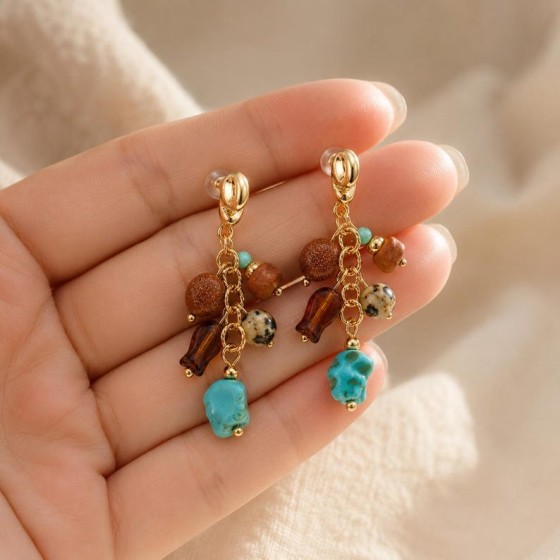 Tibetan Inspired Turquoise Fish Bead Earrings, Goldstone Jasper Dangle Earrings, Spiritual Gift