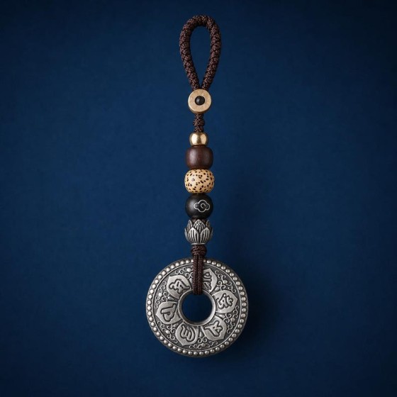 Tibetan Mantra Keychain, Heart Sutra Coin Charm, Beaded Buddhist Car and Bag Charm