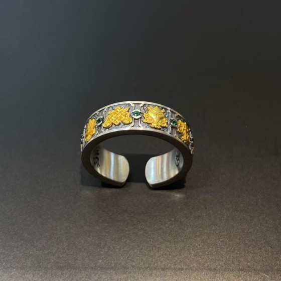 Tibetan Sterling Silver Ashtamangala Mantra Adjustable Ring