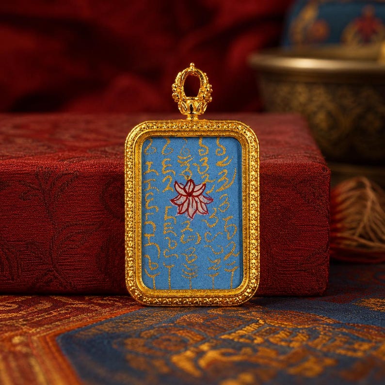 Heart Sutra Necklace, Hand Painted Lotus Thangka Pendant, Tibetan Buddhist Amulet Jewelry