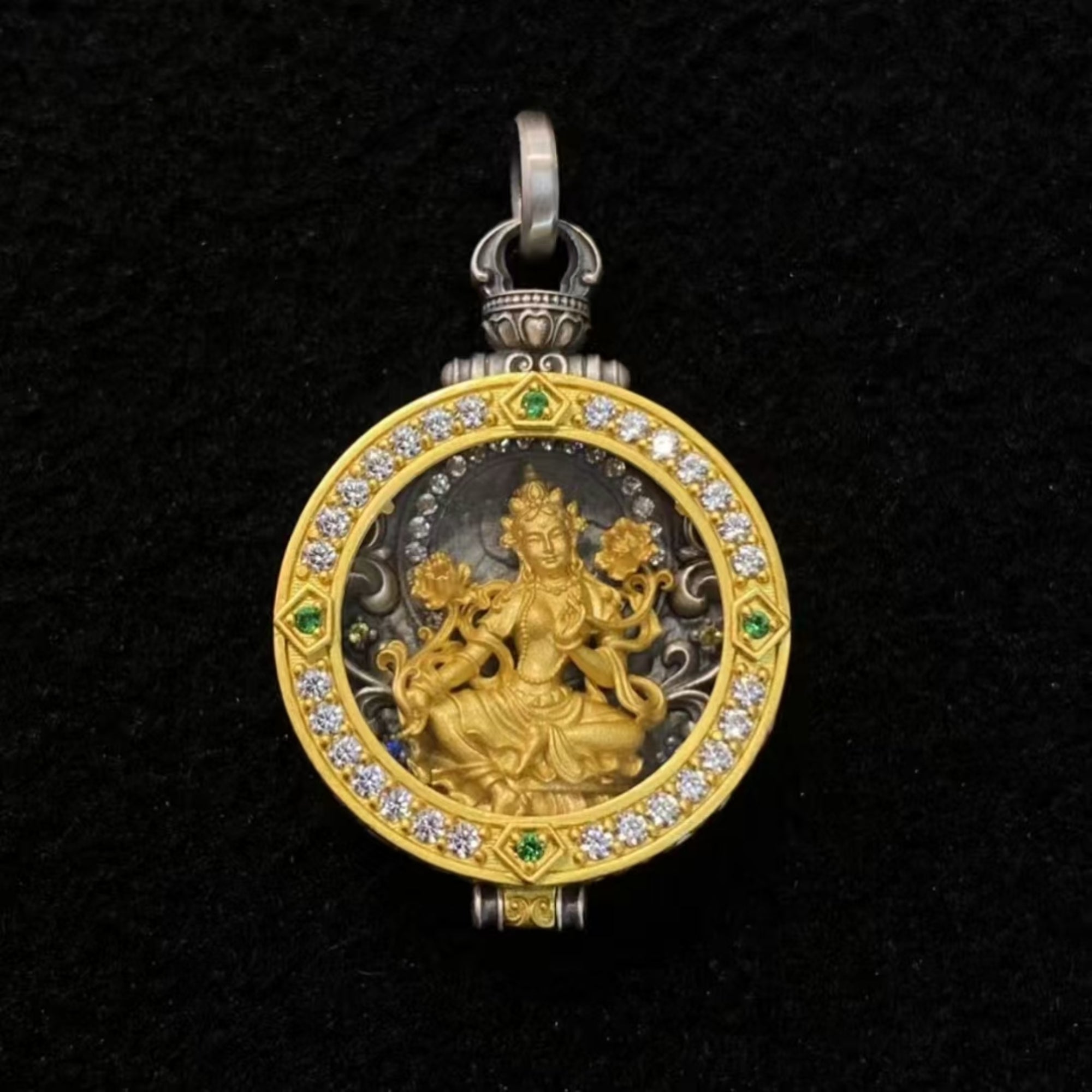 Tibetan hand-carved Green Tara silver Gawu box pendant necklace